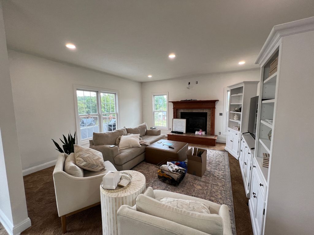 Freshly painted living room with built-in shelving